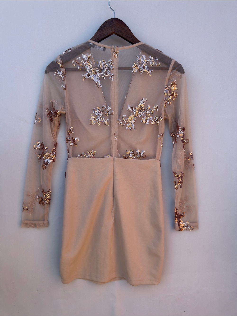 Nasty Gal Sheer Sequin Tassel Mini Dress Deep V Long Sleeve Sz 4 - Picture 9 of 12